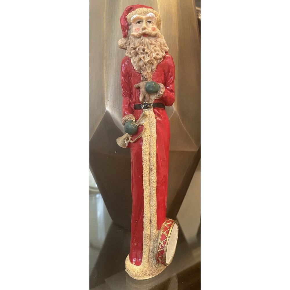 VTG Pencil Slim 10”T Santa  Folk Art Christmas Resin Figurine W Drum & Trumpet